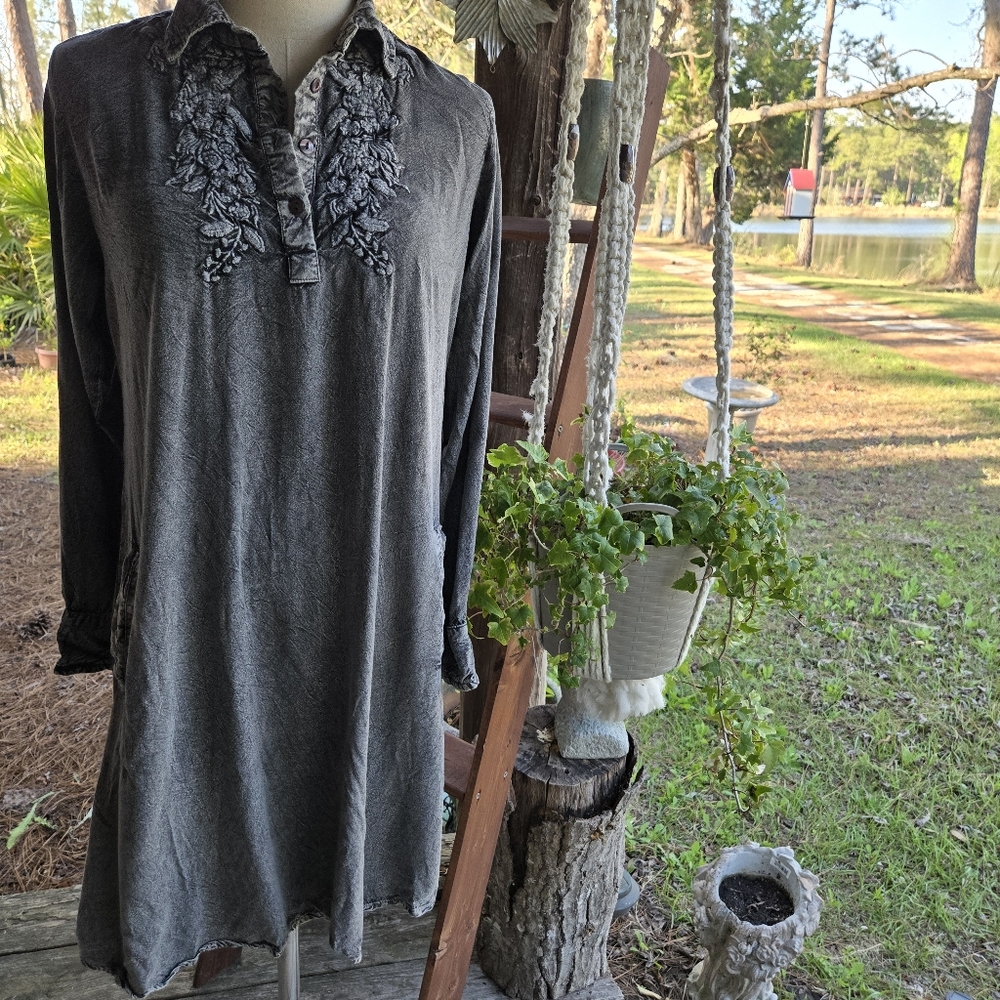 Antique Effect Black Whimsigoth Dress With Floral Embroidery At Neckline Size M